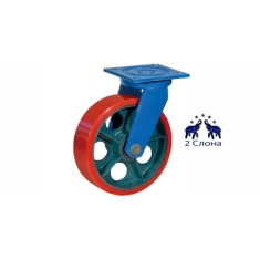 Сверхбольшегрузные колеса (полиуретан, обод - с отверстиями). Крепление – площадка, поворотные, шарикоподшипник.